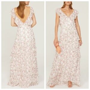 Sau Lee Rosie Ivory Ruffle Tiered Cap Sleeve Maxi Dress Floral Pink - US 2